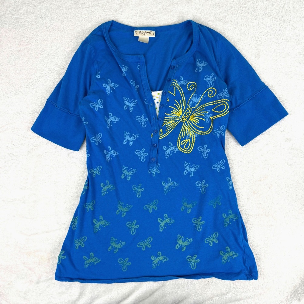Self Esteem Y2K Blue Butterfly Henley Top Short Sleeve Layered Look Size Large